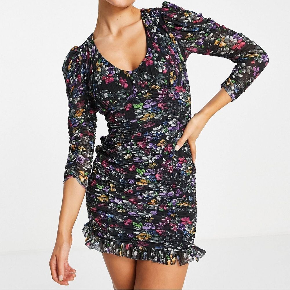 French Connection Dress Womens 2 Zelka Alanna Jersey Colorful Ruched Long Sleeve